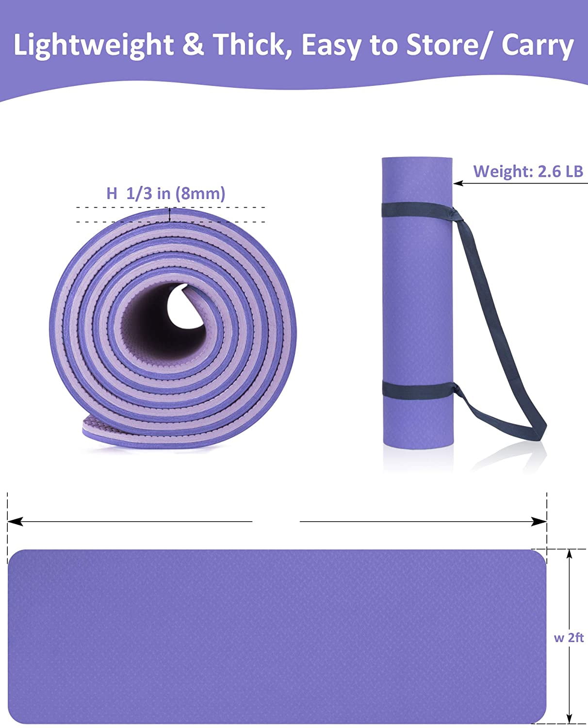 8mm Non-Slip Yoga Mat with Strap – Purple