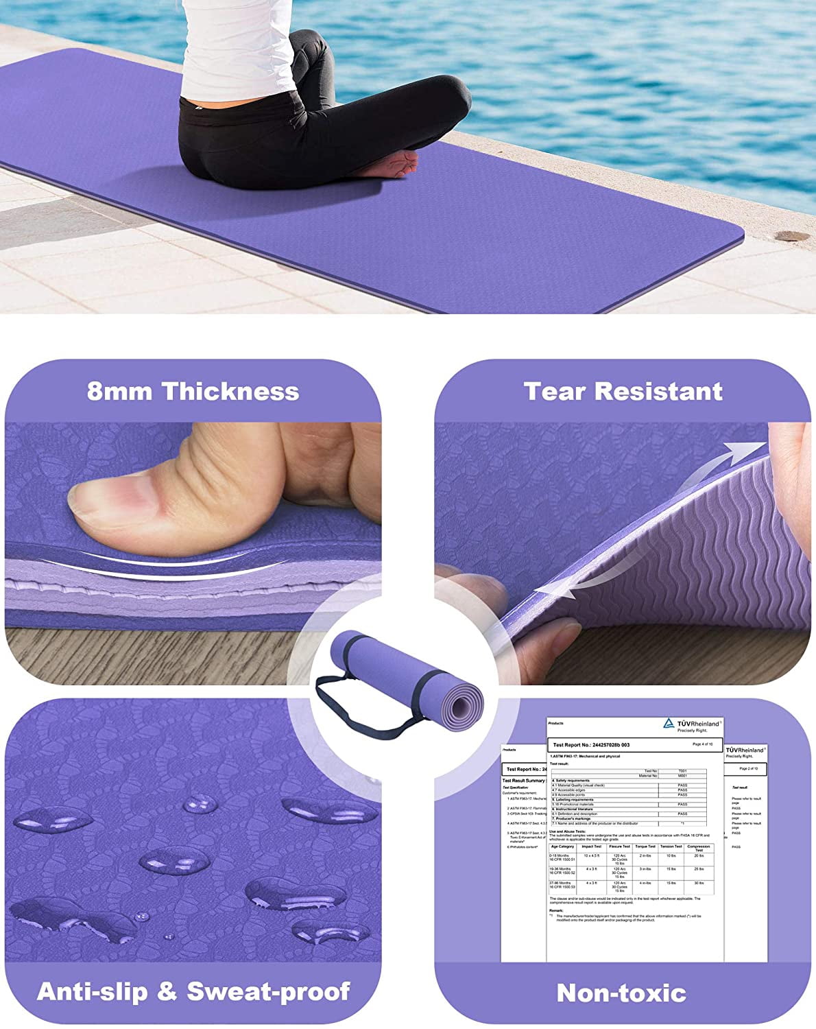 8mm Non-Slip Yoga Mat with Strap – Purple