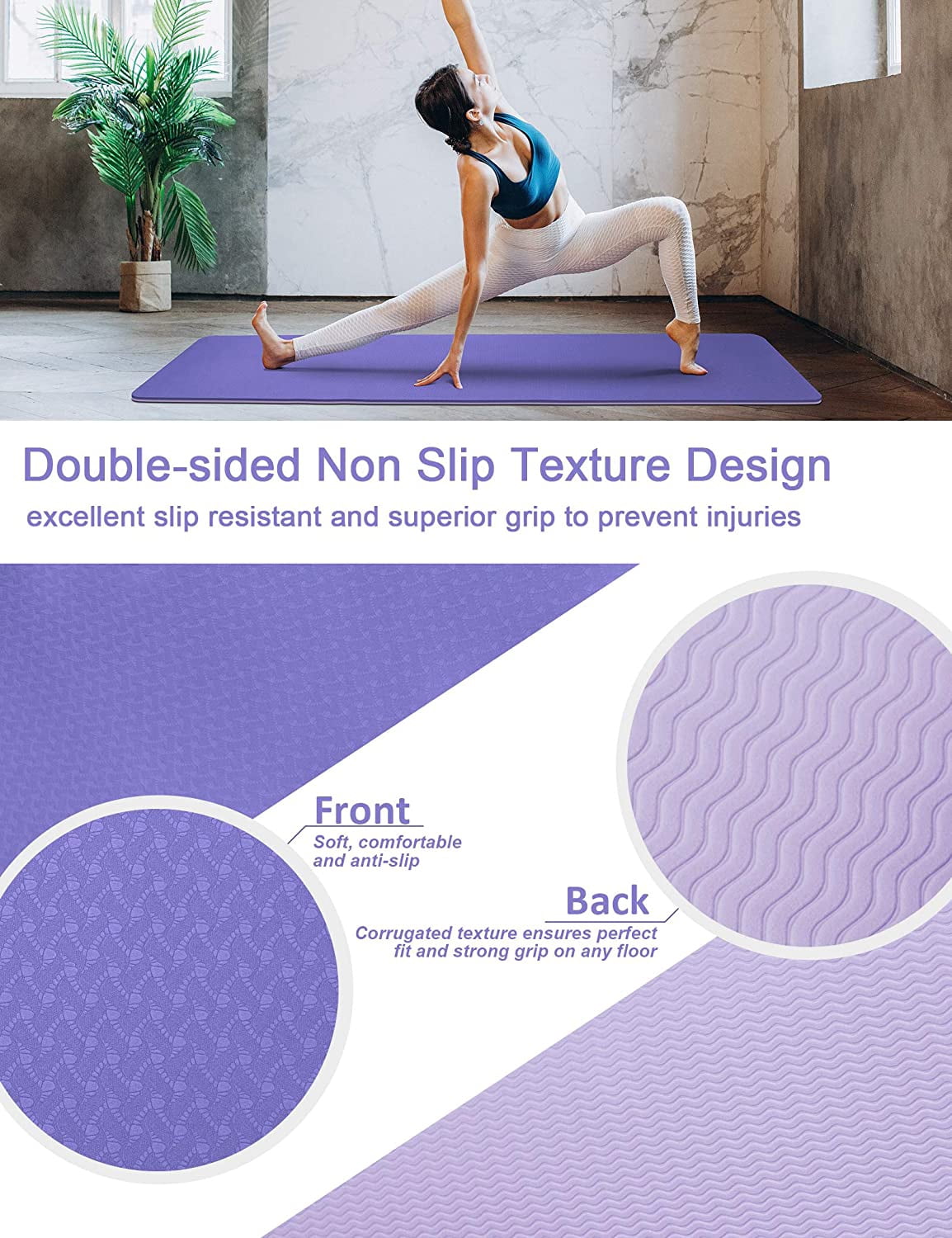 8mm Non-Slip Yoga Mat with Strap – Purple